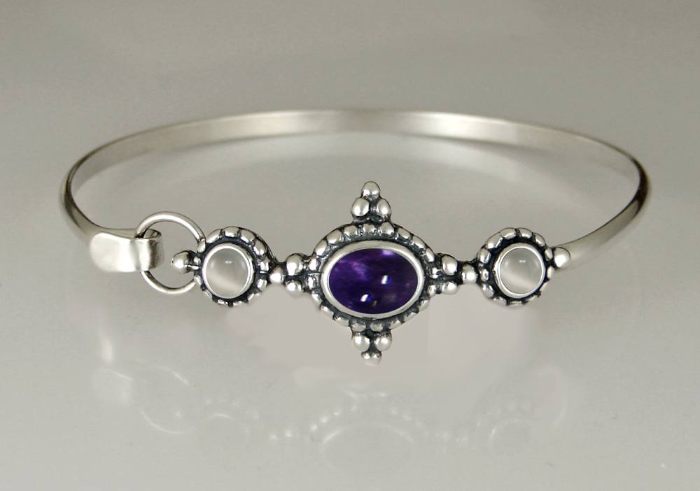 Sterling Silver Strap Latch Spring Hook Bangle Bracelet With Iolite And White Moonstone